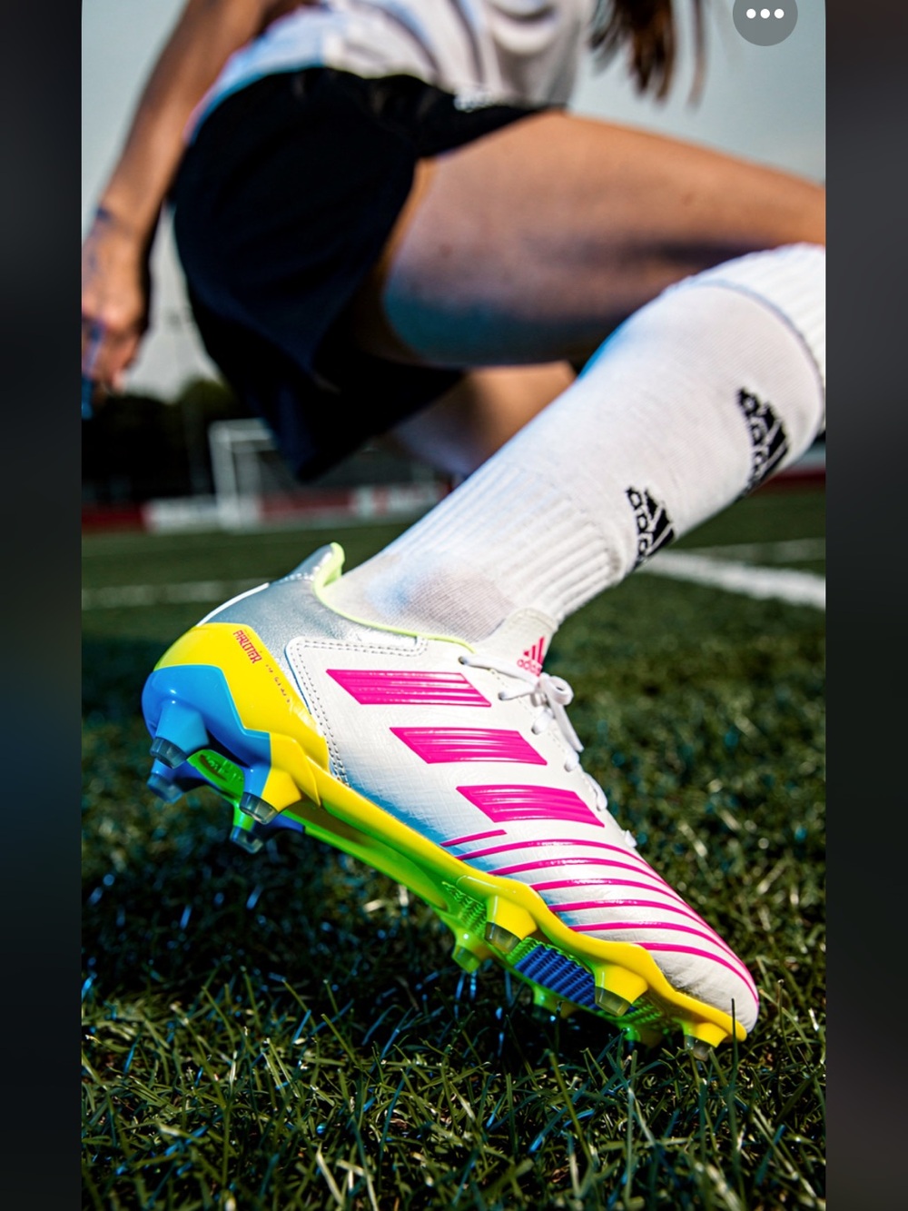 adidas White Soccer Cleats with Pink Stripes and Neon Yellow/Blue Accents